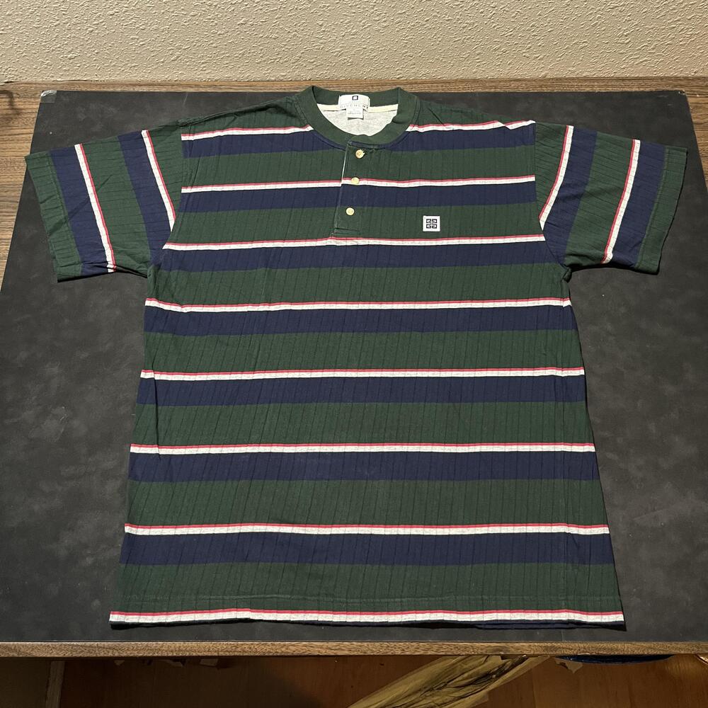 Vintage Givenchy Monsieur Shirt Mens Large Green Ribbed Stripe Henley 80s Cotton